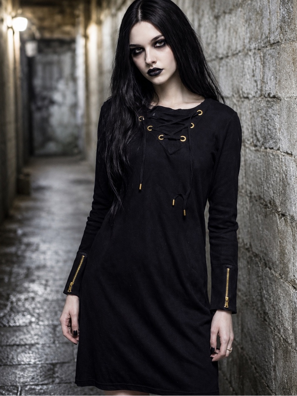 Halloween -Black Long Sleeve Lace-Up Dress w/ Gold accents -medium. Occult-witch